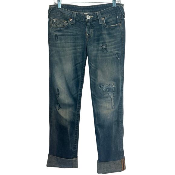 True Religion Low-Rise Straight Jeans Distressed Dirty Wash Grunge Thrashed Edgy - Picture 3 of 11